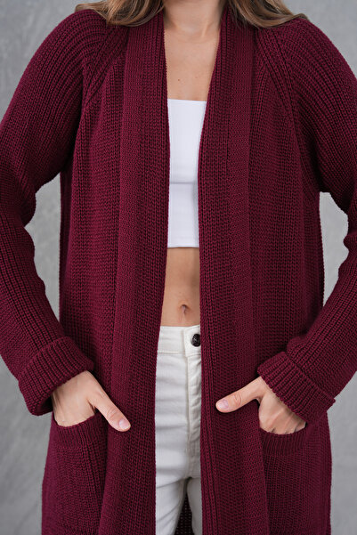 bayansepeti Burgundy Knitwear Fabric Double Pocket Shawl Collar Long Burgundy Cardigan 5001