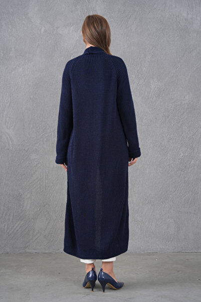 bayansepeti Navy Blue Knitwear Fabric Double Pocket Shawl Collar Long Navy Blue Cardigan 5001