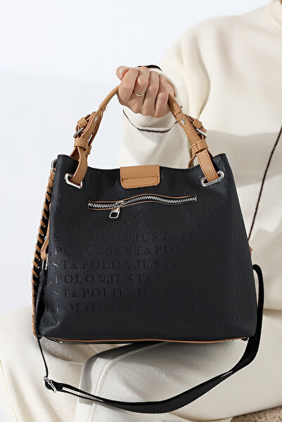 Just Polo JP Large Size Hand Knitted Detailed Black Tan Wide Strap Women's Shoulder and Hand Bag