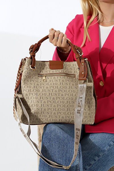 Just Polo JP Large Size Hand Knitted Detailed Sand Tan Wide Strap Women's Shoulder and Hand Bag