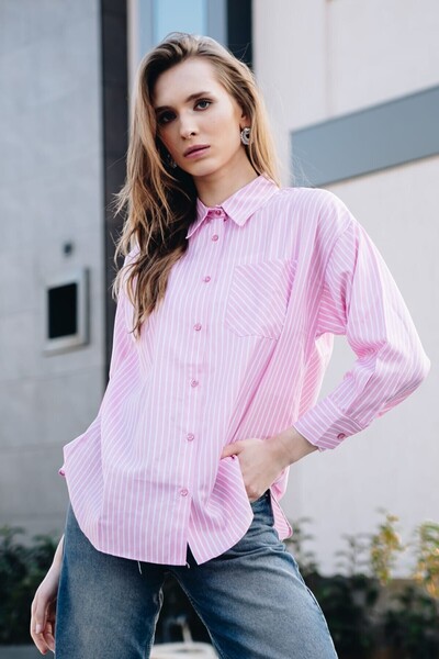 Cochines Women's Pink White Striped Long Sleeve Single Pocket Hijab Shirt