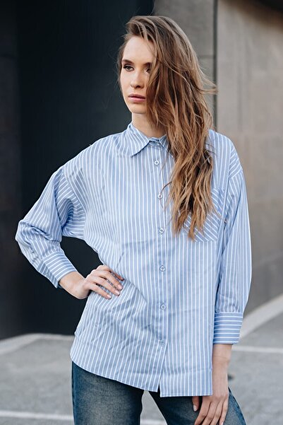 Cochines Жіноча сорочка з довгими рукавами, синьо-біла в смужку, з однією кишенею