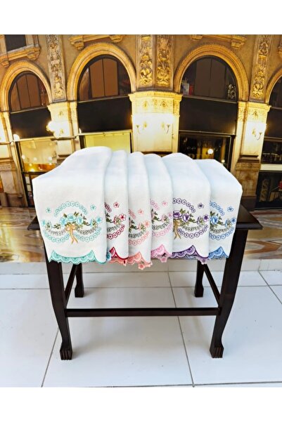 Vellista Home Collection 6'lı Kesme Nakışlı Ucu Güpürlü Kadife 30×50 Mutfak / Çeyizlik / El Yüz Havlu Seti