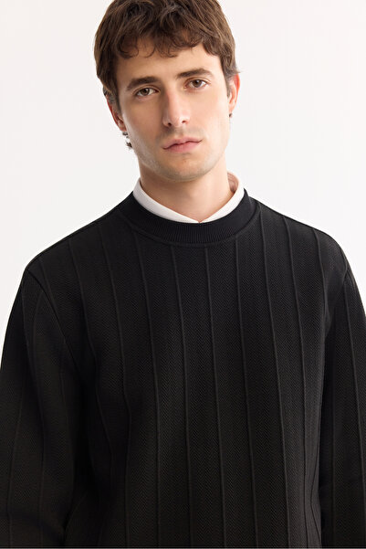 Avva Erkek Siyah Bisiklet Yaka Çizgili Elastan Regular Fit Sweatshirt A52Y1218