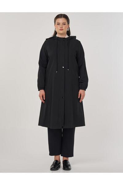 Kayra Kapüşonlu Uzun Trençkot Siyah