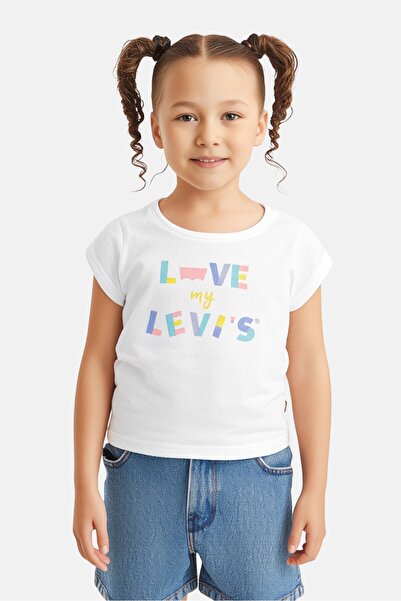 Levi's بلوزة مطبوعة برسومات ورقبة دائرية للبنات الصغار، باللون الأبيض