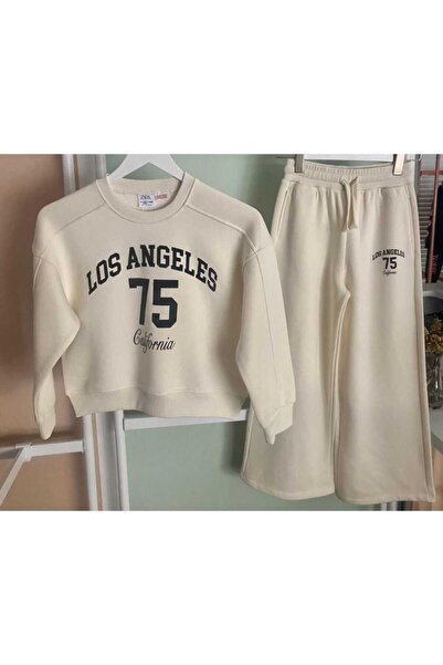 MODA Neo Kids Los Angeles 75 Baskılı Kız Çocuk Alt Üst Takım – Ekru Renkli Gü...