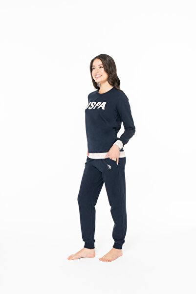 U.S. Polo Assn. Kadın Lastikli Paça %100 Pamuklu Baskılı Rahat Pijama Takımı Lacivert - Lacivert - ASTPS20K11Y7-MLAC