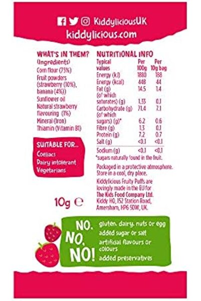Kiddylicious Strawberry fruity puffs 60g (6 * 10g) | Total 60g/6 bags | Delicious Snacks | Crumb Fre
