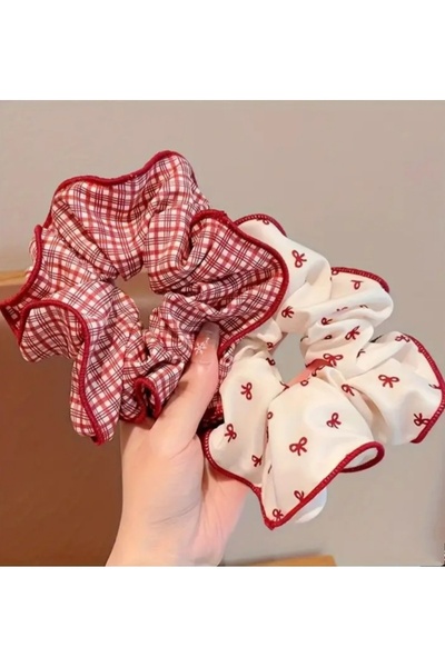 MutluBiDünya 2 Adet Kırmızı-Beyaz Concept Scrunchie Toka Ekose Desen Simit Toka