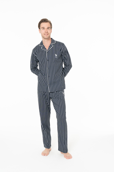 U.S. Polo Assn. Erkek Çizgi Desenli Gömlek Yakalı Lacivert Ev Giyim %100 Pamuk - Lacivert - ASTPS18C99I3-OLAC