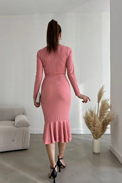 Arden Pencil Dress, Midi Fishtail Long Sleeve, Flounced Powder Crepe Cocktail Dress, Invitation, Graduation, S m L