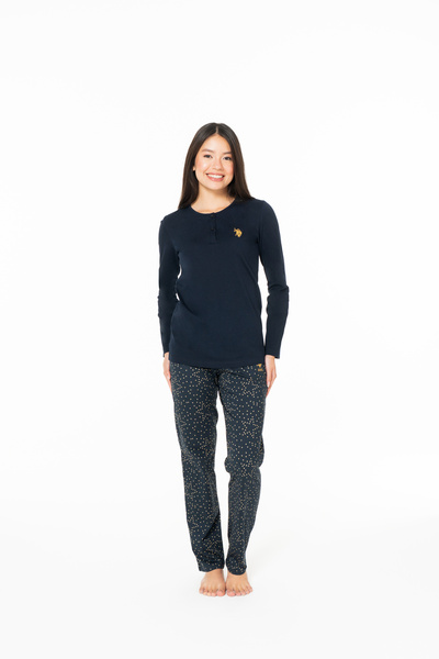 U.S. Polo Assn. Kadın %100 Pamuklu Yıldız Desenli Düğmeli Pijama Takımı Lacivert - Lacivert - ASTPS20G16Q1-ALAC