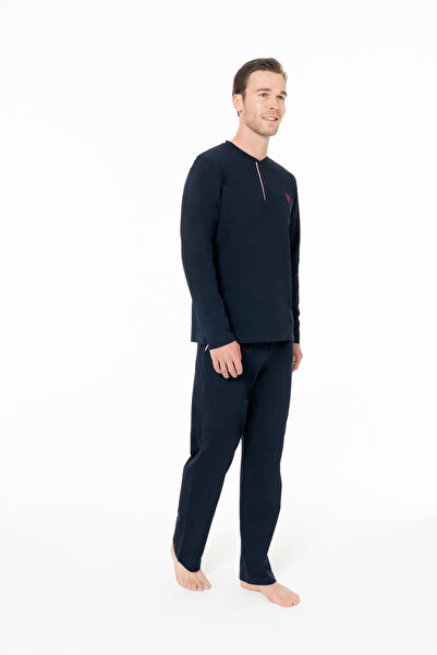U.S. Polo Assn. Erkek Konforlu %100 Pamuk Yaka Düğmeli Lacivert Pijama Takımı - Lacivert - ILC2.18U95S9-QLAC