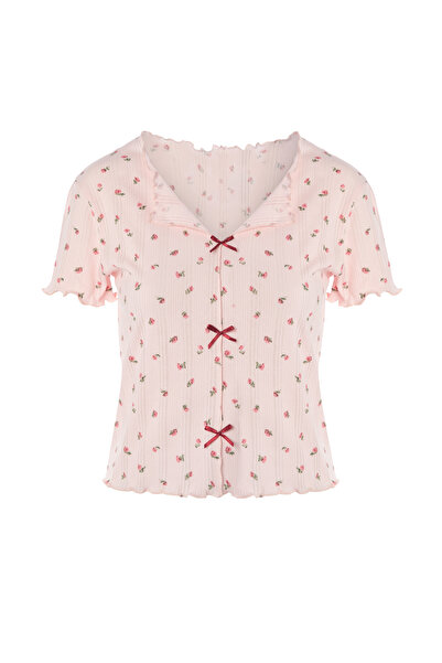 koza iç giyim Kadın Kısa Kollu Fiyonklu İndigo Fitilli Pijama Takımı