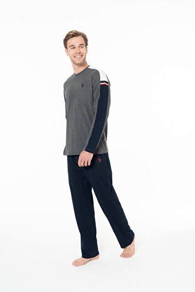 U.S. Polo Assn. Erkek Kol Şerit Çizgili Bisiklet Yaka Antrasit Pijama Seti - Antrasit - SELKR18Q95K7-EANT