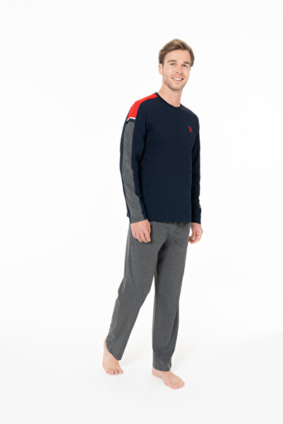 U.S. Polo Assn. Erkek Kol Şerit Çizgili Bisiklet Yaka Lacivert Pijama Seti - Lacivert - SELKR18O95G7-YLAC