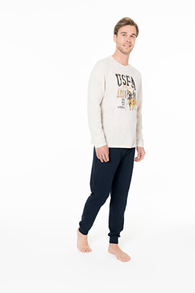 U.S. Polo Assn. Erkek Paça Lasiktli Baskılı Bej Pijama Takımı - Bej - SELKR18G95Q5-ABEJ