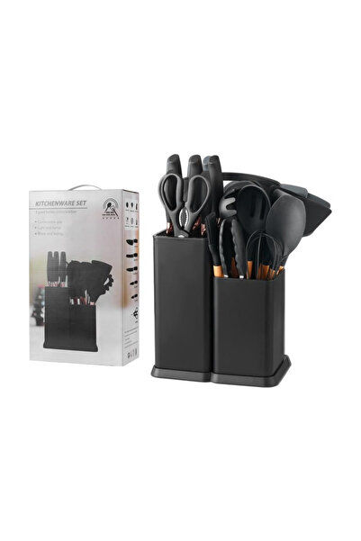 Generic 19-Piece Kitchen Utensils & Knife Set Stainless Knives,Scissors,Whisk,Tongs & Cutting Board (Black)