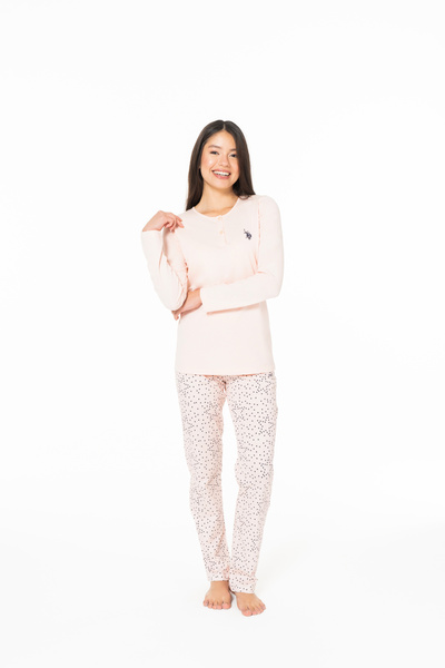 U.S. Polo Assn. Women's 100% Cotton Star Patterned Buttoned Pajama Set Salmon - Salmon - Sreia20S16O1-Ksom