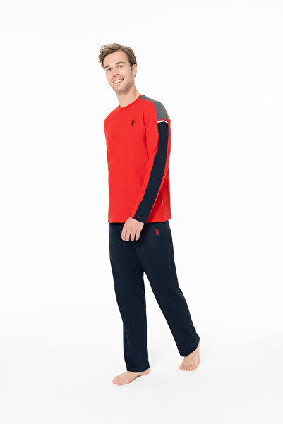 U.S. Polo Assn. Erkek Kol Şerit Çizgili Bisiklet Yaka Kırmızı Pijama Seti %100 Pamuk - Kırmızı - SELKR18C95I7-OKIR
