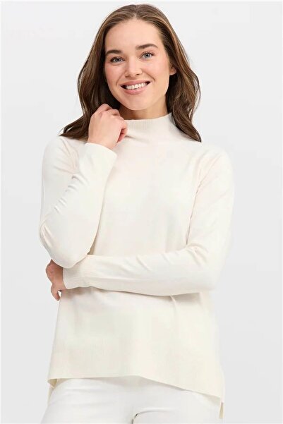 Desen Triko Women's Half Turtleneck Sweater with Slit Sleeves Bone