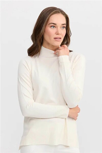 Desen Triko Women's Half Turtleneck Sweater with Slit Sleeves Bone