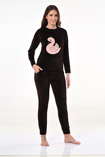 Miss Dünya Lissa Swan Love Brown Velvet Dressing Gown Pajama Set