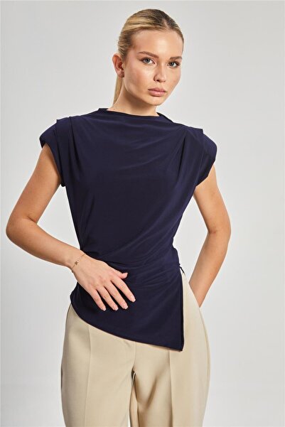BARRELS AND OIL Women's Blouse with Shoulder Pleats and Padding - Navy Blue