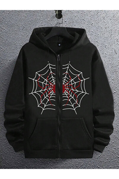 COHERENT UNISEX Hırka - Siyah AĞ ÖZEL Baskılı Kışlık Oversize Kapüşonlu Fermu...