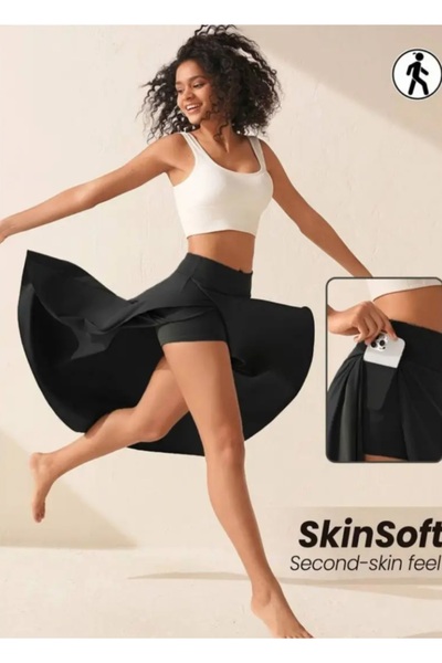 CARABO MODA Women's Open-Front Skirt with Pocket Details and Shorts Underneath