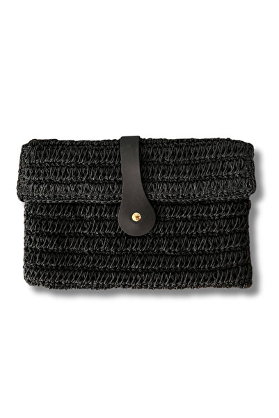 Manella Collective Kapaklı Hasır Görünümlü Clutch Siyah Çanta