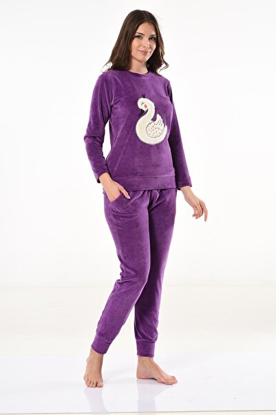 Miss Dünya Lissa Swan Love Purple Velvet Dressing Gown Pajama Set