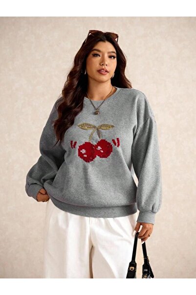 trendgar سويت شيرت رمادي اللون بياقة دائرية وطبعة الكرز