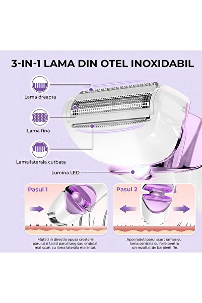 Elindor Wet and Dry Epilator, 3 Types of Removable Blades, IPX 6, USB Rechargeable, Charging Station, Purple