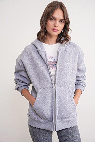 Mixray 2023 Unisex 3-Thread Basic Fleece Φούτερ με φερμουάρ και κουκούλα γκρι