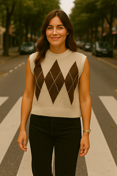 minaaise Women's Knitwear Stone Baklava Pattern Soft Textured Sweater 5244