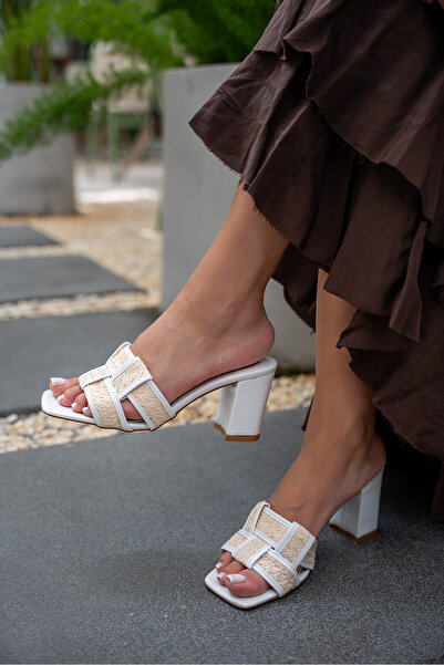 LAMİNTA Amara White Knitted Straw Detailed Women's Heeled Slippers