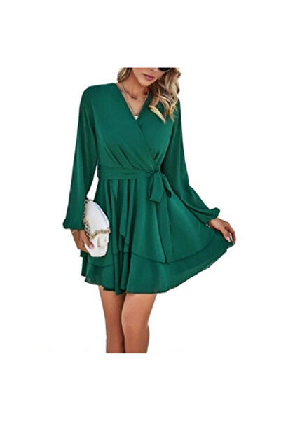 OEM Elegant long dress above the knee, with long sleeves, Green L