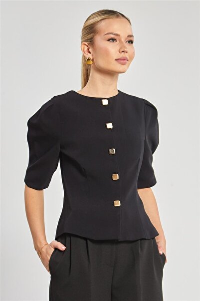 BARRELS AND OIL سترة نسائية بأكمام قصيرة وتفاصيل أزرار - أسود