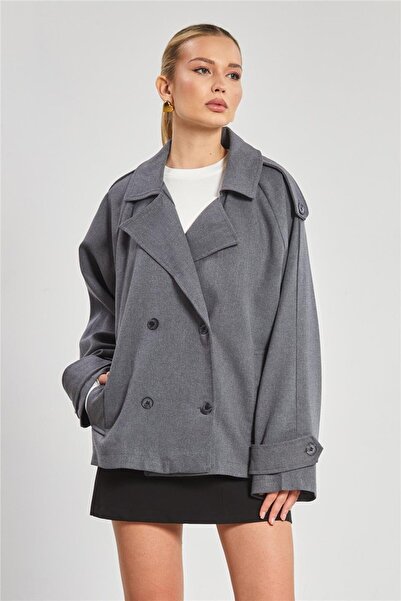 BARRELS AND OIL Women's Double Breasted Collar Short Oversize Jacket - Anthracite