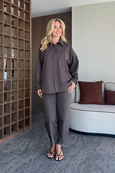 Laluvia Brown Merlin Belted Shirt Pants Set - 8453