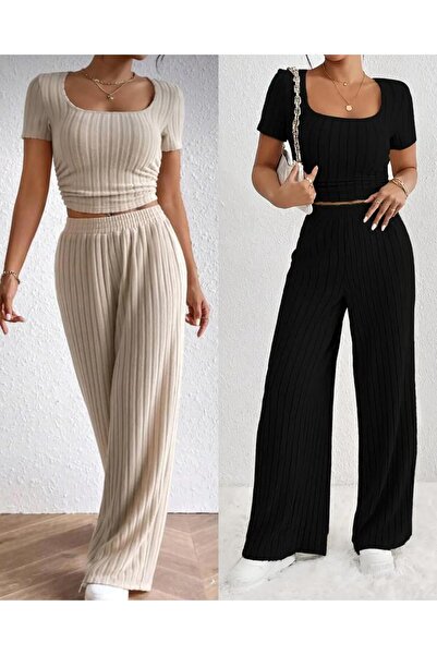 bemmoda Women's 2 Colors 2-Piece Set Tracksuit Set Crop T-Shirt&Pants Set