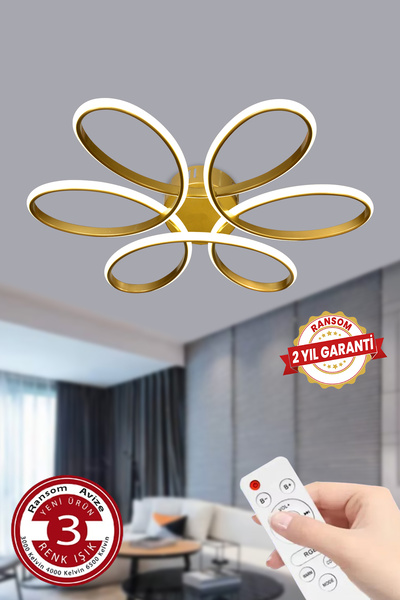 RANSOM 3 Renk Plafonyer Kumandalı Gold Kasa Büyük Led Avize Salon Papatya Ledli Avize