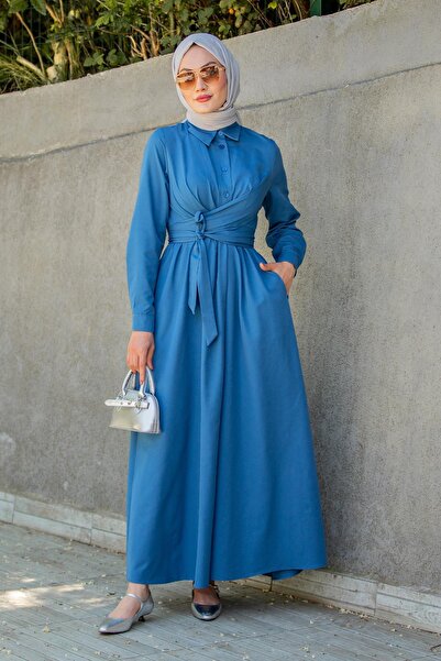 Tesettür Çarşım Qua Pamuk Cotton Bağlamalı Elbise-Mavi