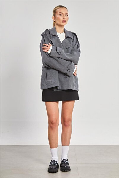 BARRELS AND OIL Women's Double Breasted Collar Short Oversize Jacket - Anthracite