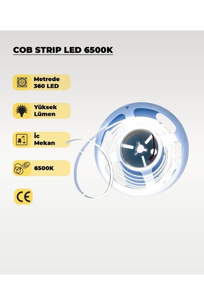 AC AYDINLATMA 12V COB Şerit Led Beyaz Işık - Metrede 360 Led - 5 Metre