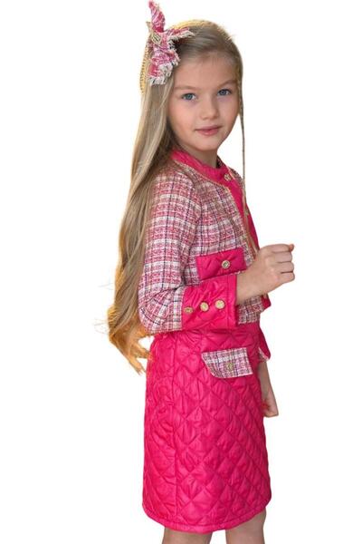 Riccotarz Girl's Gold Stripe and Quilted Detailed Chanel Fabric Fuchsia Skirt Set