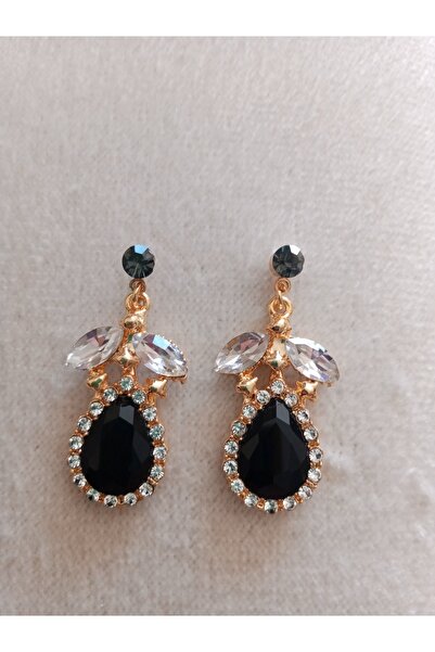 Pervin Ablacım Gold el yapımı siyah taşlı sallanan küpe