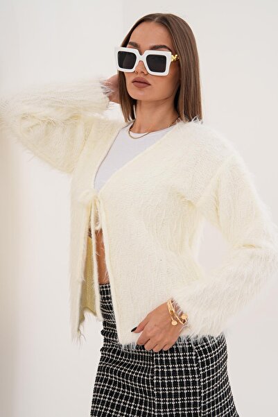 ŞİMAL Women's Feather Detailed Front Tie Knit Cardigan 255089 -